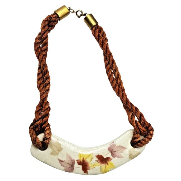 VIntage Jewelry Set Ceramic Choker Necklace & Bracelet Autumn Leaves Design - Picture 6 of 10